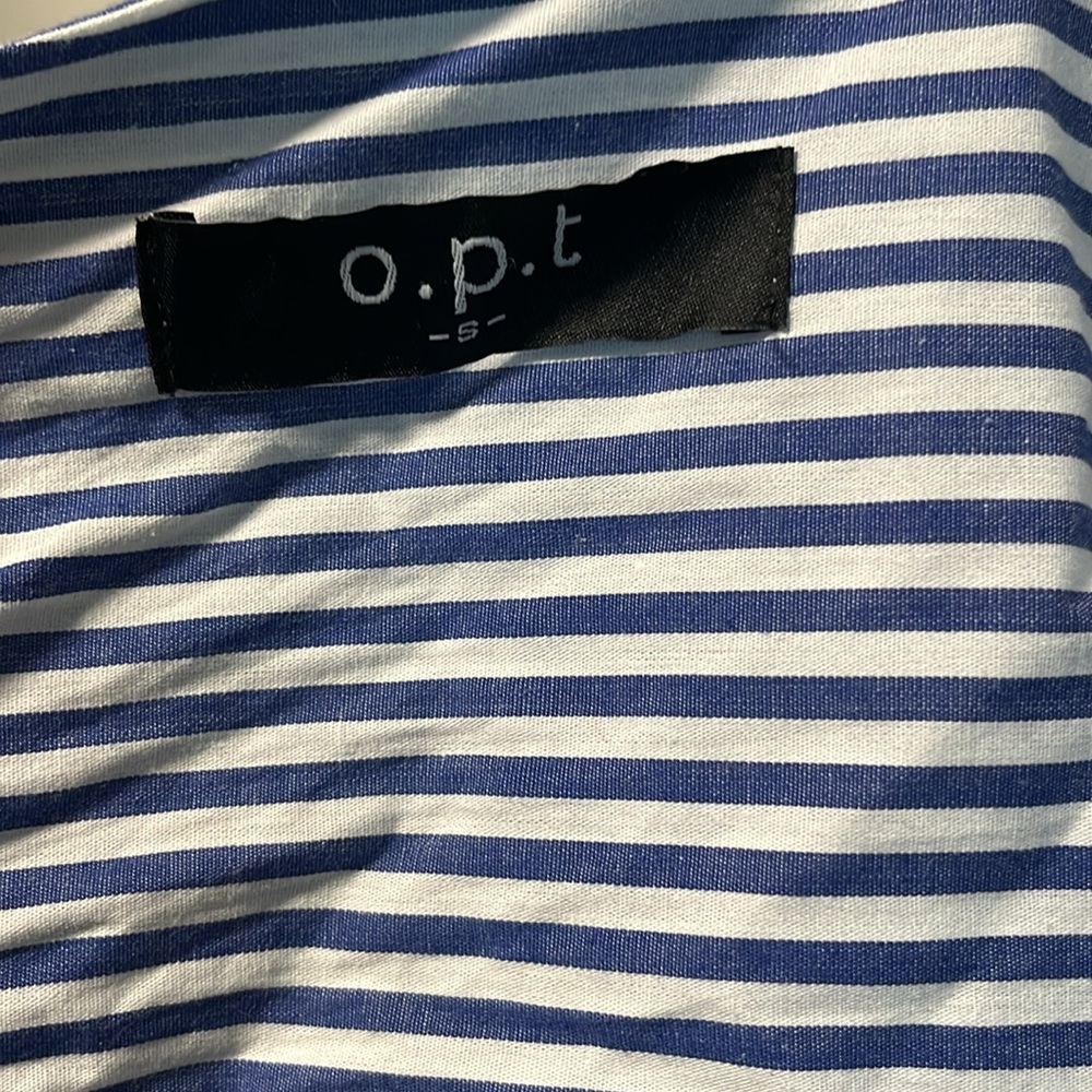 O.P.T. Stella Blue and White Stripped Tiered Ruffle Midi Dress, Seersucker, Size - Picture 11 of 13